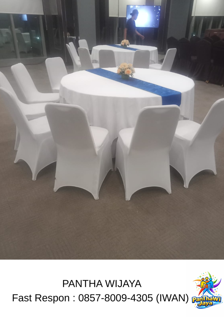 Rental Round Table Cover Putih Runner biru Jakarta