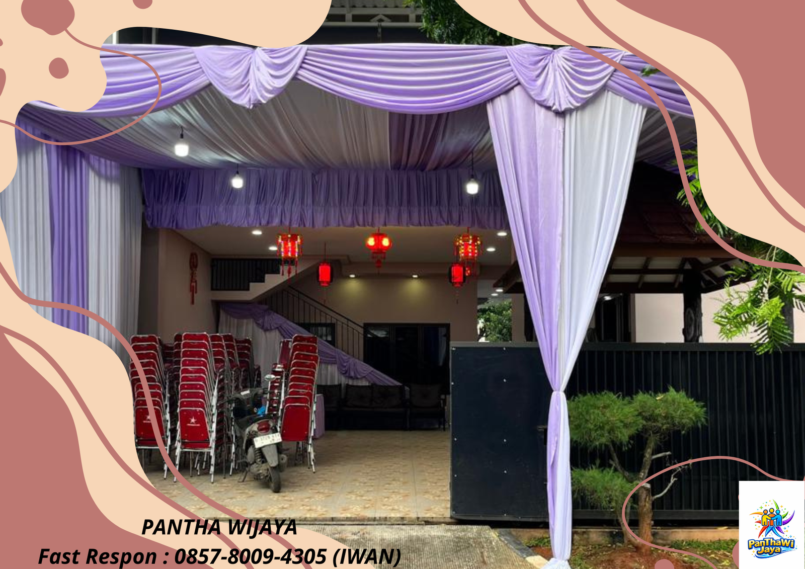 Rental Tenda Dekor Serut Kain Putih Ungu Bekasi