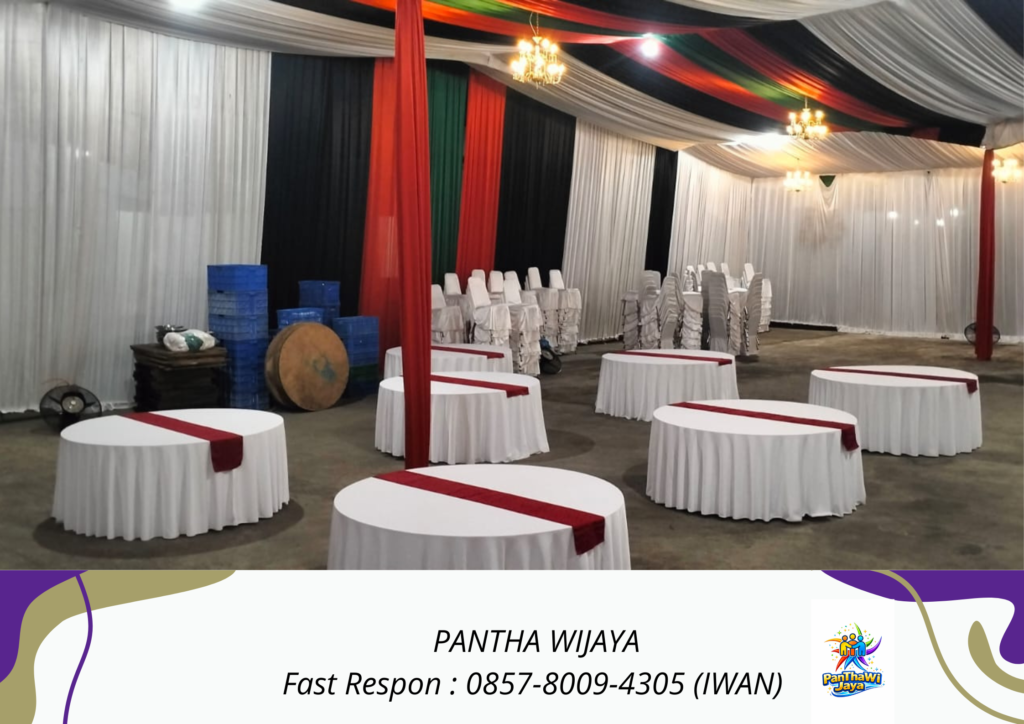 Sewa Meja Cover Tebar Putih Runner Merah Cikarang