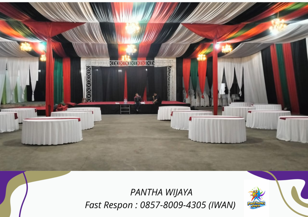 Sewa Meja Cover Tebar Putih Runner Merah Cikarang