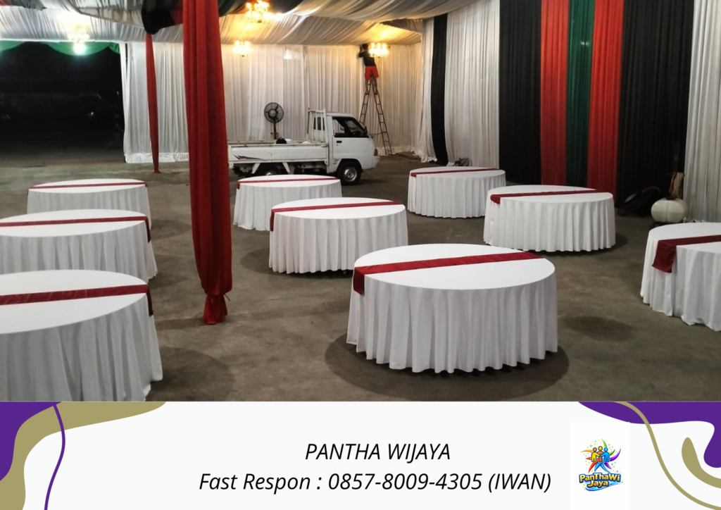 Sewa Meja Cover Tebar Putih Runner Merah Cikarang