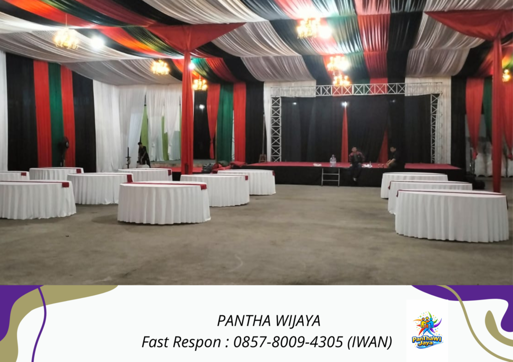 Sewa Meja Cover Tebar Putih Runner Merah Cikarang