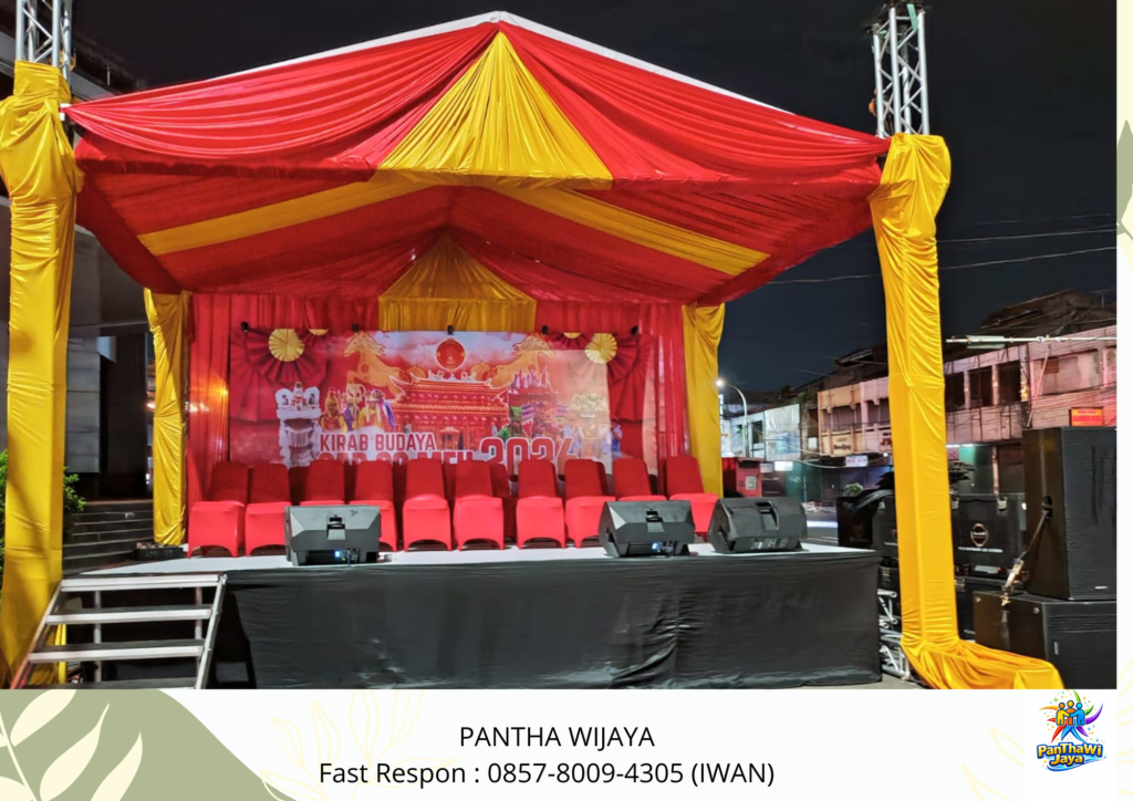 Sewa Tenda Serut Gold Merah Kursi Cover Strech Merah Area Jabodetabek